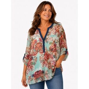 Dressbarn Floral Blouse Womens XL Mint Green Roll Tab Sleeve Boho Tunic Top